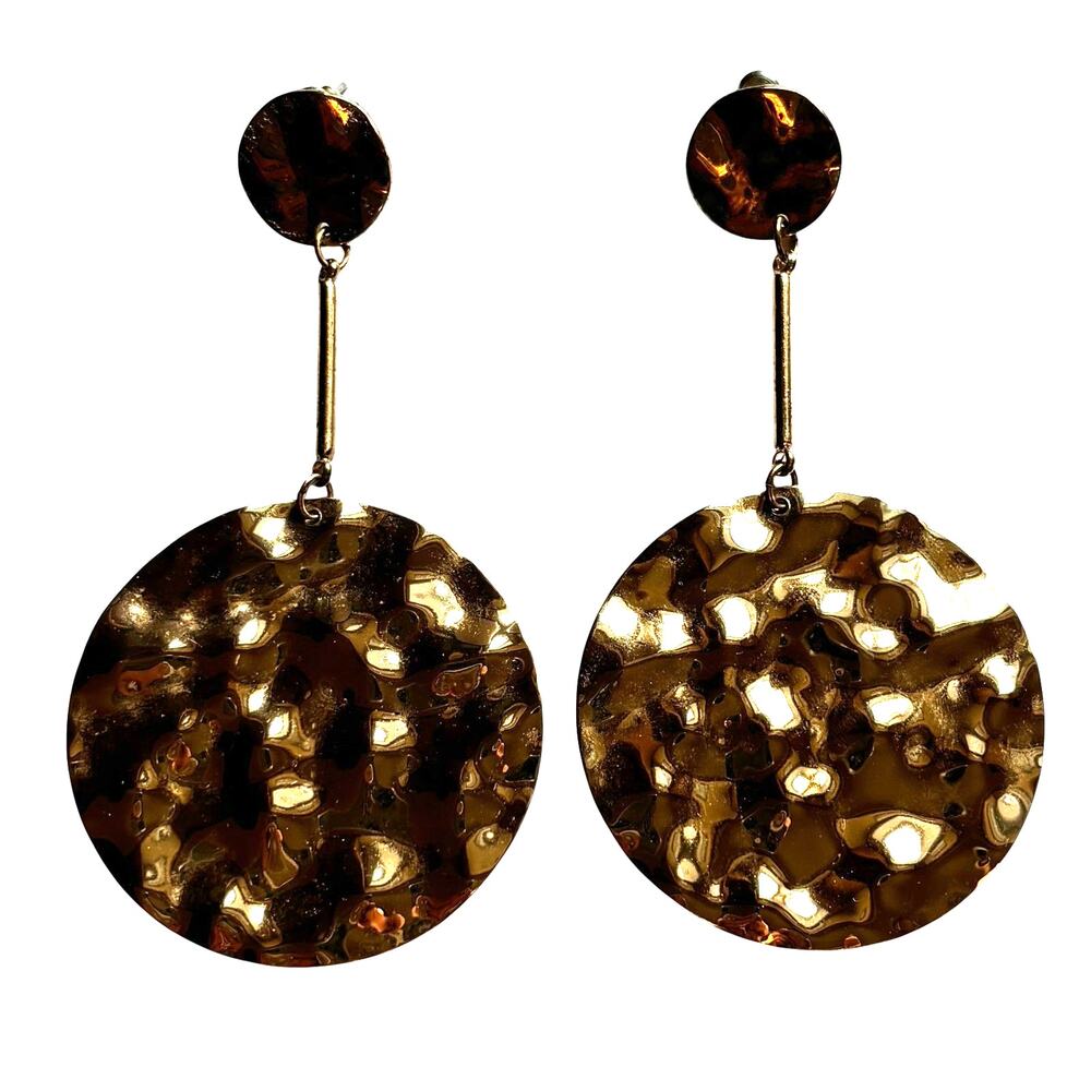 Statement pierced earrings massive hammered gold tone pendulums mod 70s disco